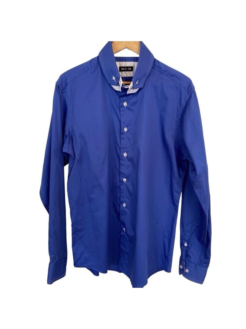 Mr.Smith men dress button up shirt blue white collar long sleeve 100% cotton XL